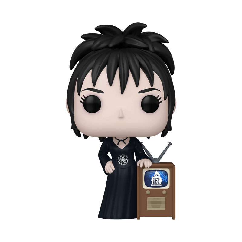POP! Lydia Deetz next to a television set advertising "Ghost House"