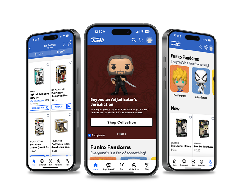 Apple iPhones with Funko App screenshots highlighting new features like browsing, customizing and purchasing
