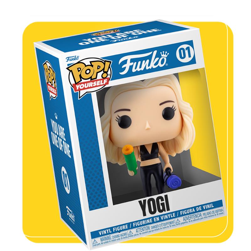 Yellow square background with Funko custom POP! Yourself figure in packaging