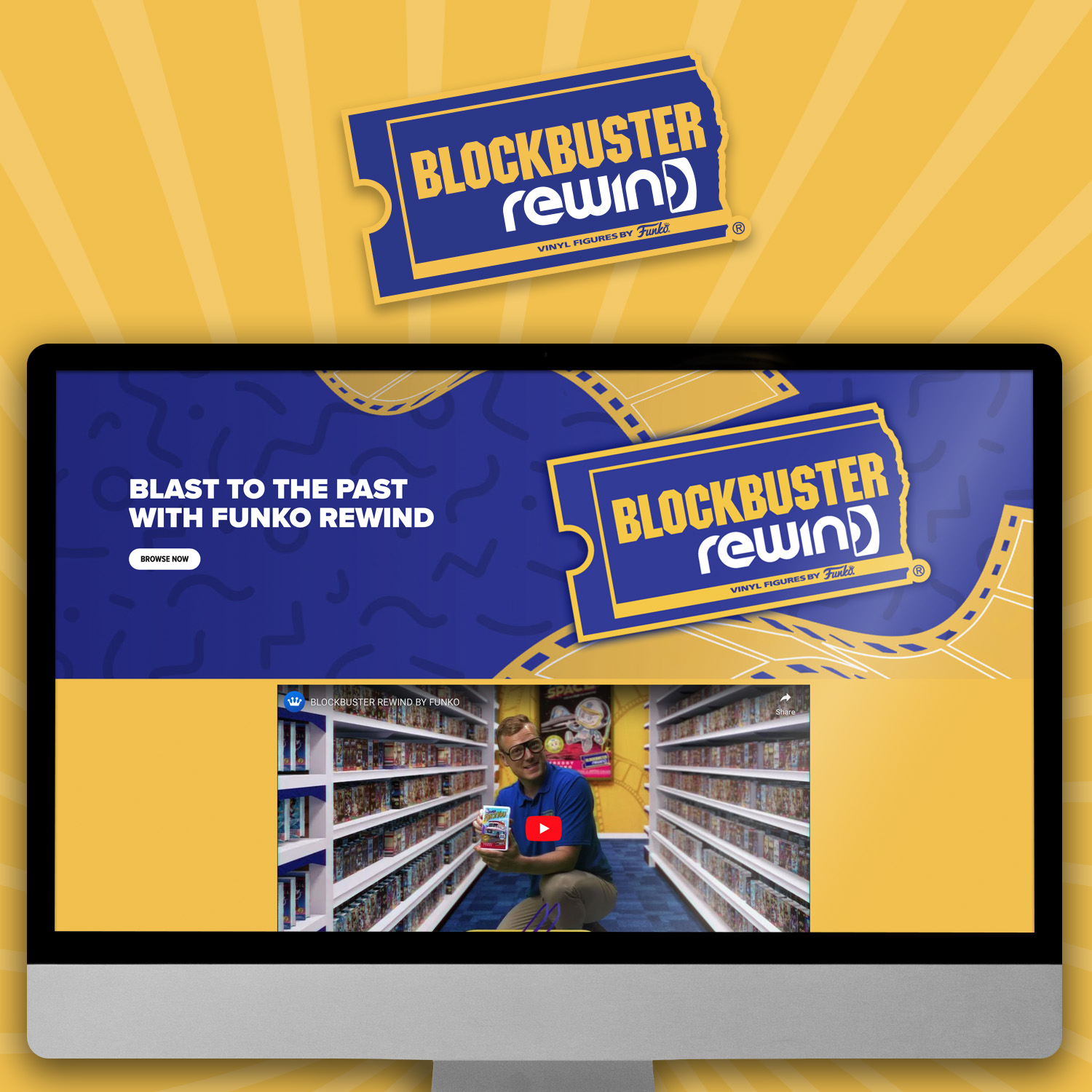 Yellow swirl background with computer screen showcasing Funko Blockbuster Rewind. Click now to learn more about Rewind!