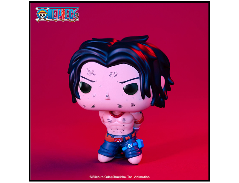 Red product background featuring Funko POP! One Piece Portgas D. Ace
