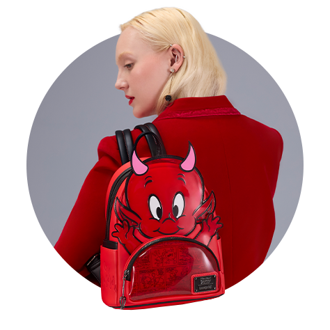 Circle cropped photo with Gray background featuring model showcasing Loungefly Scary Cute collection - Casper the Friendly Ghost Hot Stuff Mini Backpack