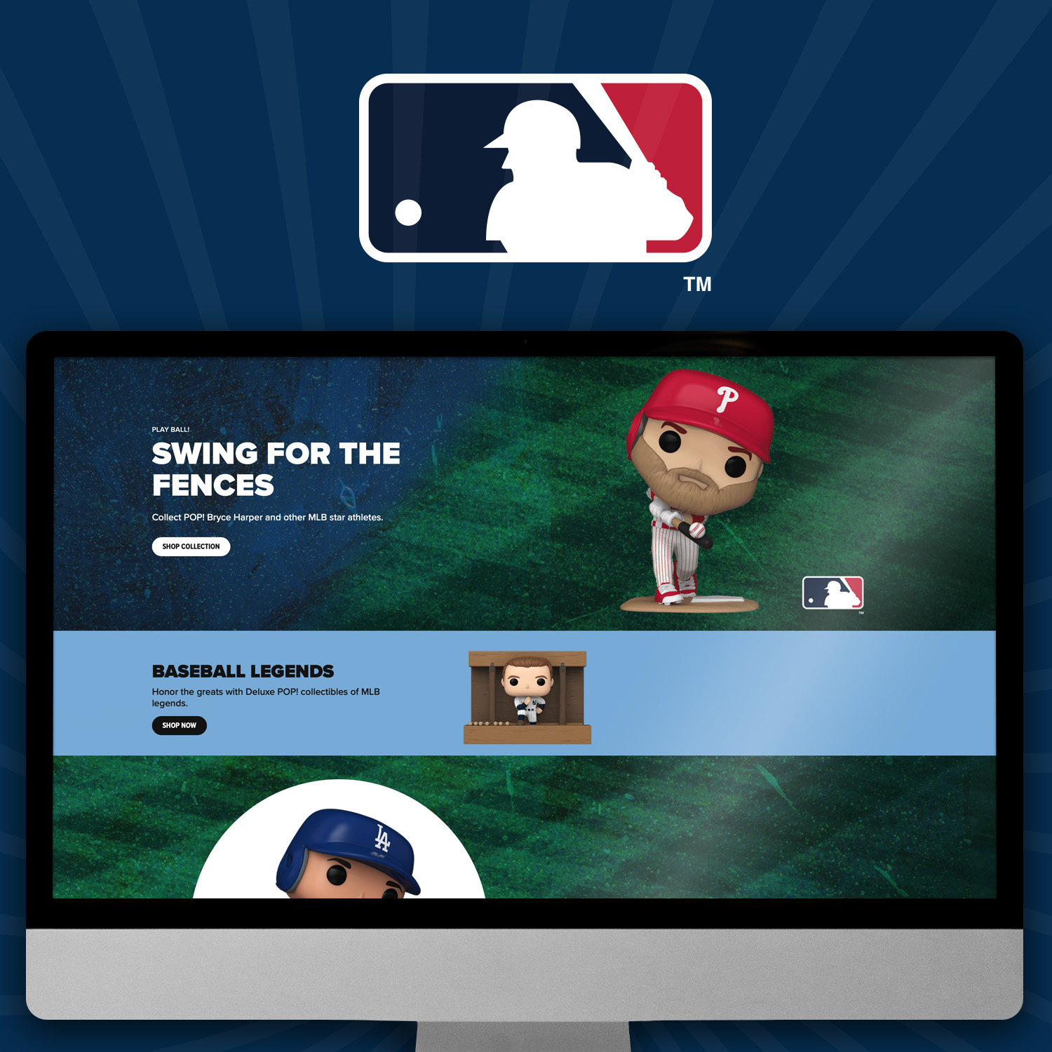 Dark Blue swirl background with computer screen showcasing Funko MLB landing page. Click to learn more about our MLB collection!