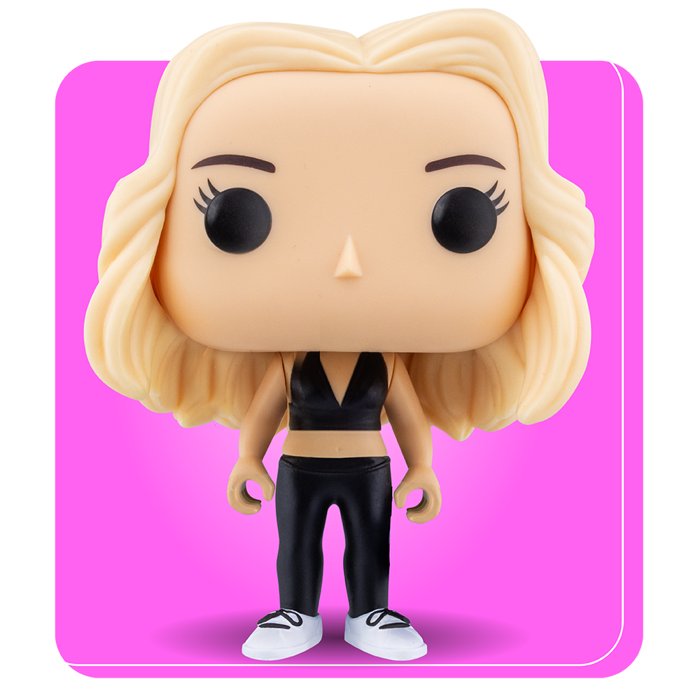 Pink square background with Funko POP! Yourself figure featuring female body and workout/gym outfit