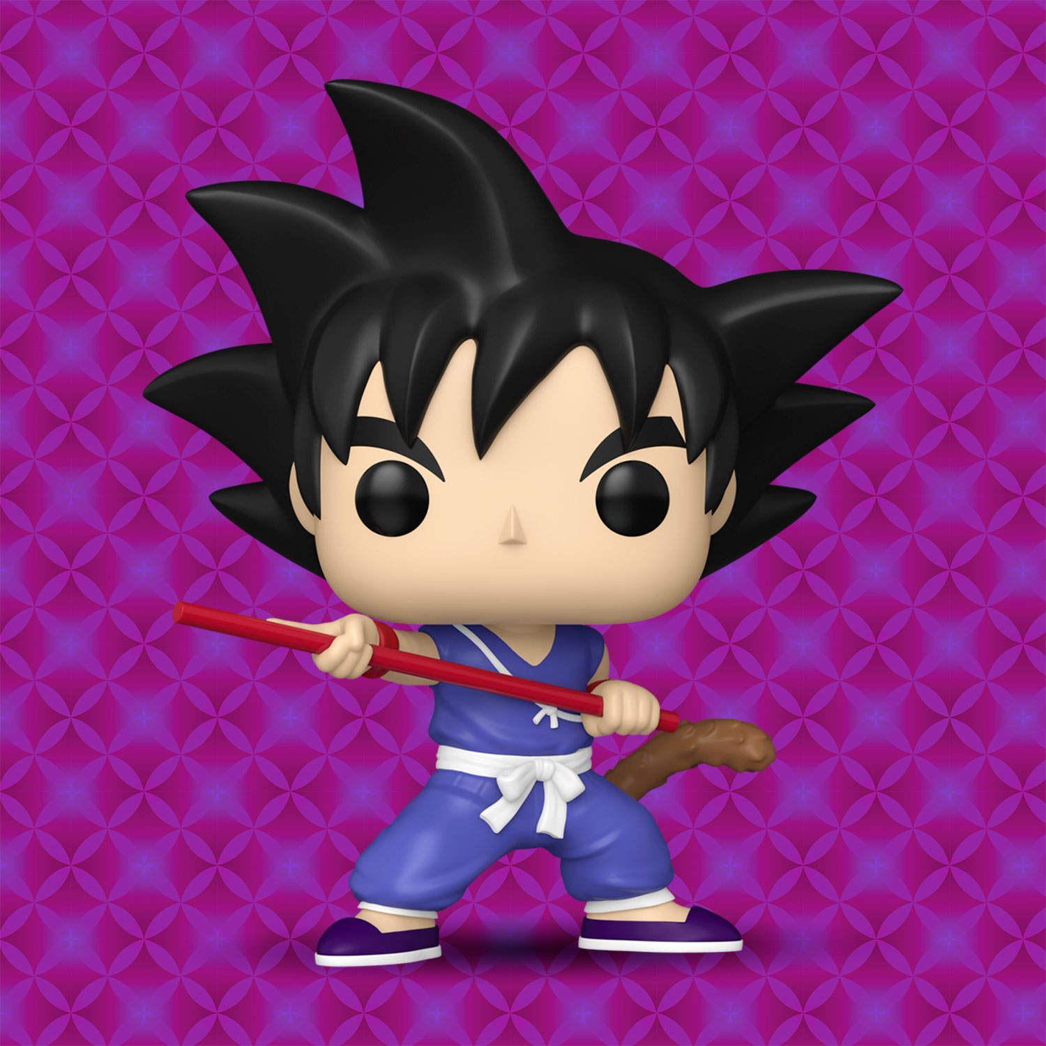 Purple background with "X" pattern featuring 83712 - Funko Dragon Ball Pop! Goku with Nyoibou