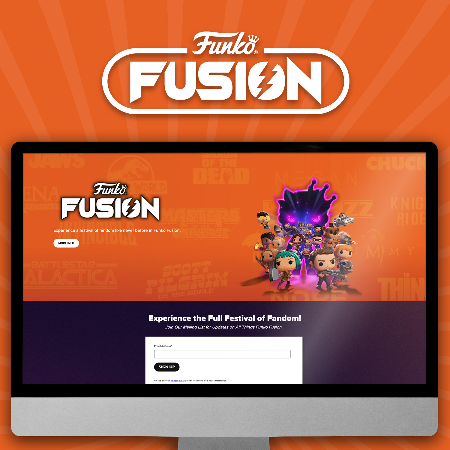 Orange swirl background with computer screen showcasing Funko Fusion! Click to learn more about our video game!