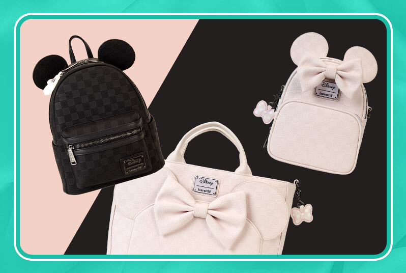 Teal border featuring Loungefly Disney Mickey & Minnie Checkerboard collection