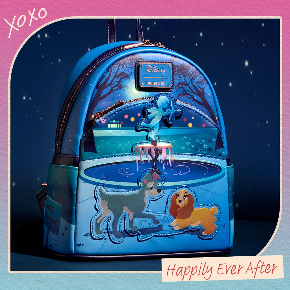 Pink and Blue gradient background featuring Disney Lady and the Tramp 70th Anniversary Mini Backpack