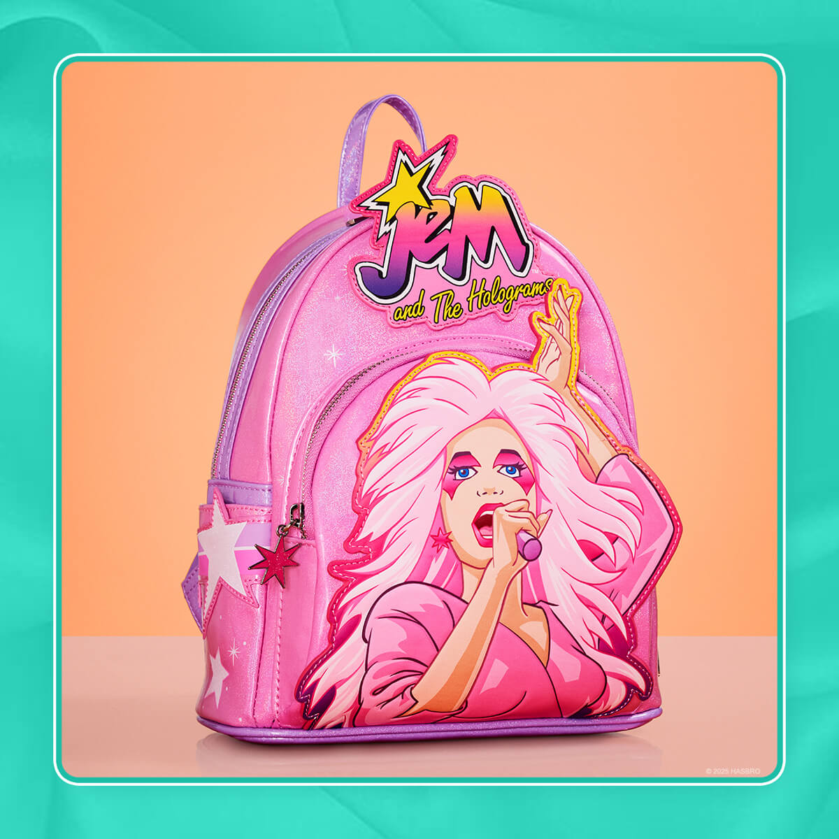 Teal border featuring Loungefly Exclusive Jem and the Holograms mini backpack