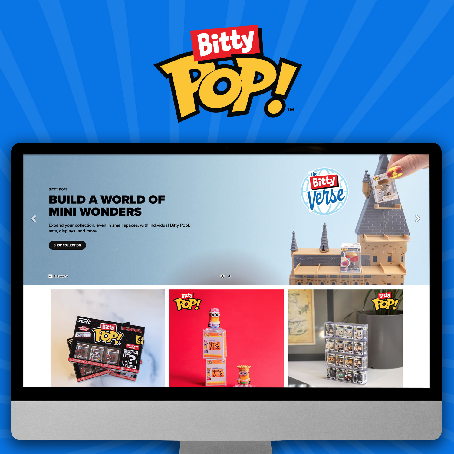 Blue swirl background with computer screen showcasing Funko Bitty POP! landing page. Click now to build a world of wonders!