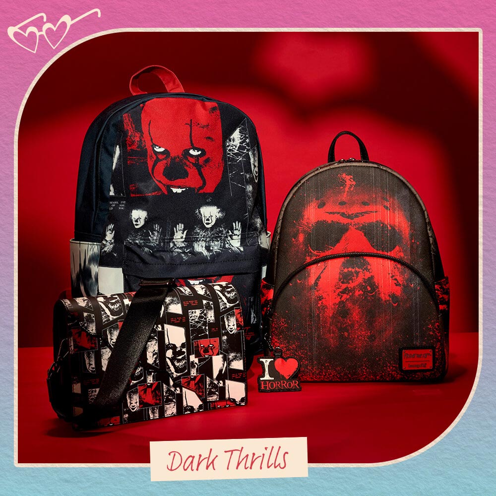 Pink and Blue gradient background featuring I Heart Horror collection