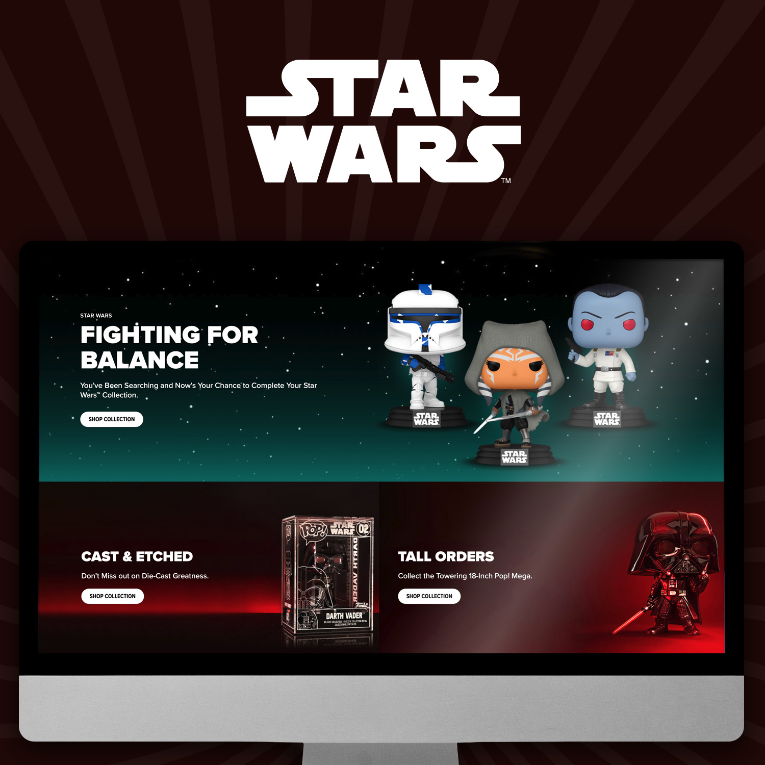 Dark Red swirl background with computer screen showcasing Funko Star Wars landing page. Click now to discover our collection from a galaxy far, far away.