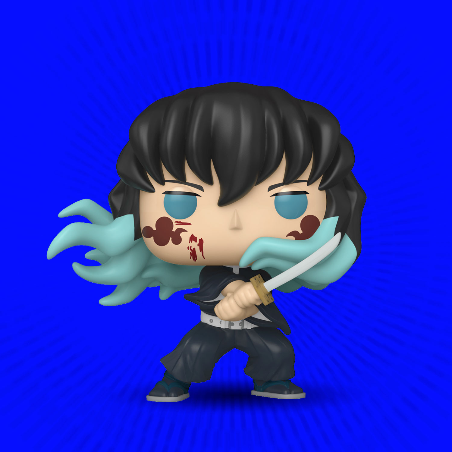 Blue shine background featuring 85332 - Funko Demon Slayer Pop! Muichiro Tokito (Attack)