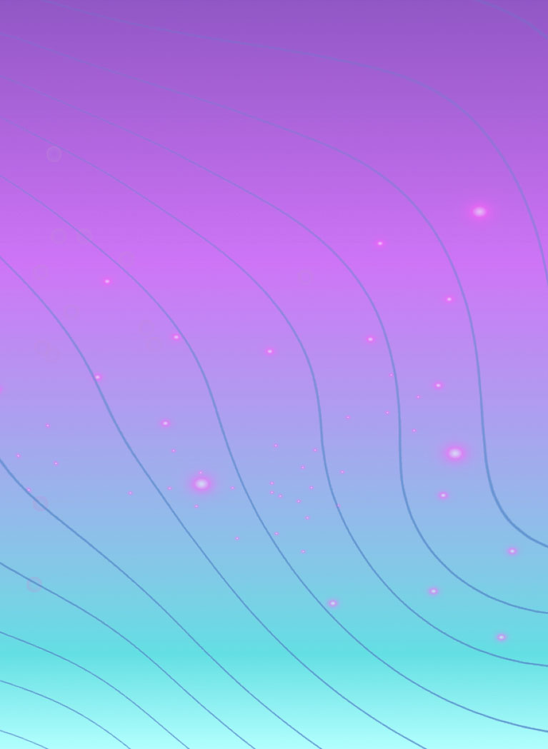 Purple to Blue gradient background featuring Blue wavy line and Pink floating light orbs