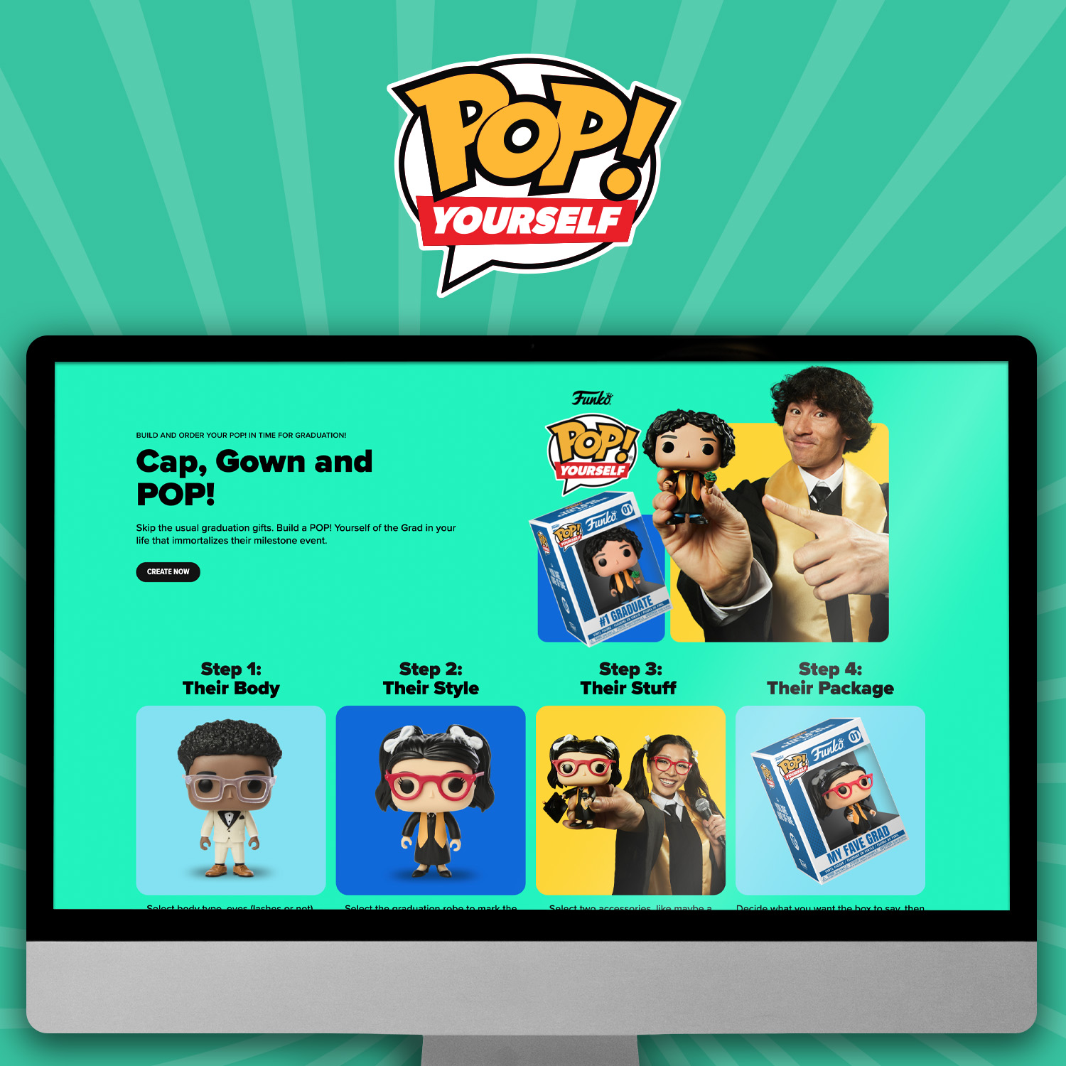 Teal swirl background with computer screen showcasing Funko POP! Yourself Graduation. Click to create the perfect grad gift!