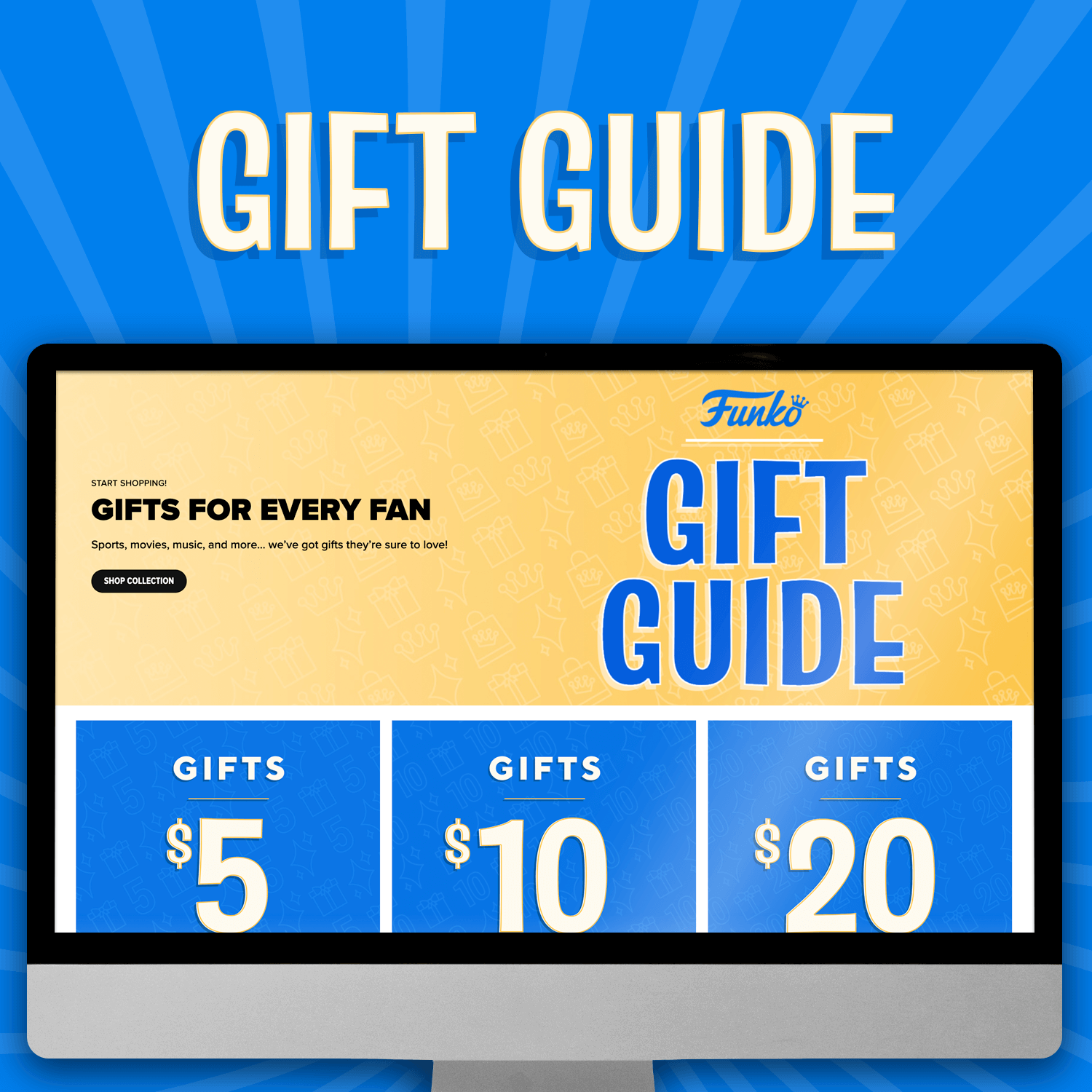 Dark Blue swirl background with computer screen showcasing Funko Gift Guide. Click to find the perfect gift!
