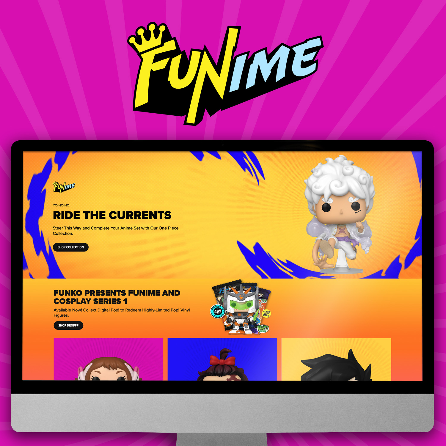 Bright Pink swirl background with computer screen showcasing Funko Anime landing page. Click to learn about Funime!