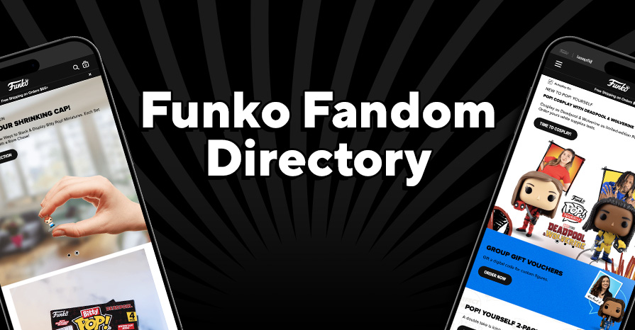 Black swirl background featuring Funko's Fandom Directory. Find direct links to all of your favorite fandoms here!